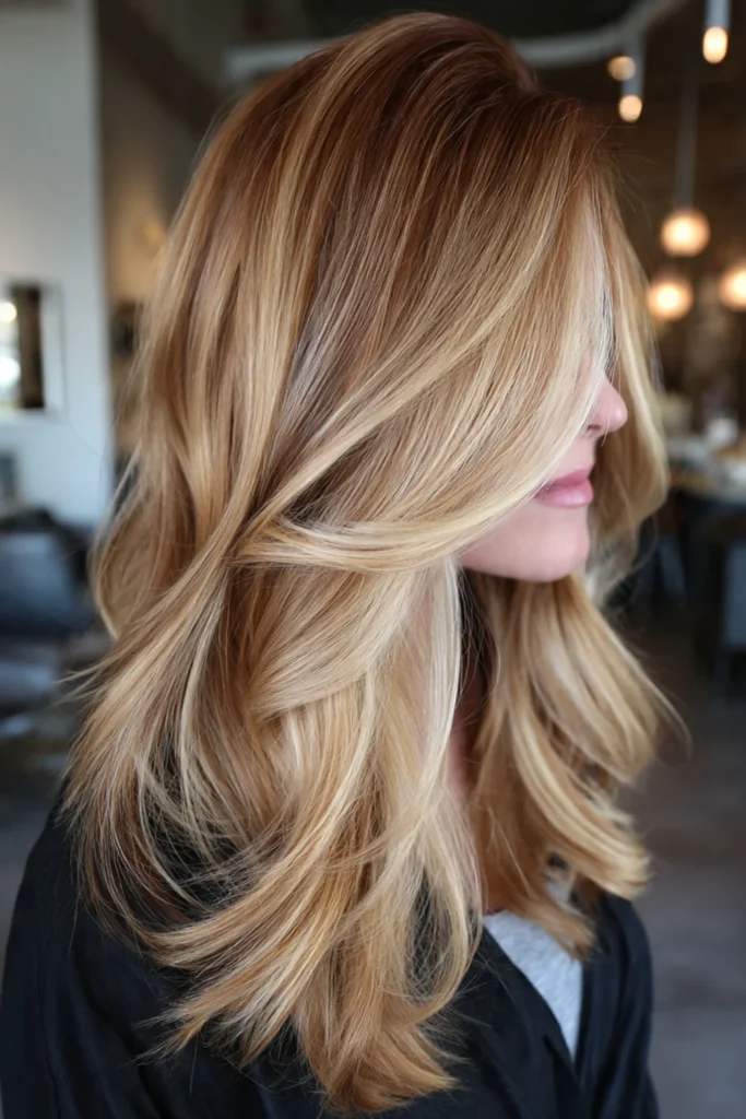 Honey blonde balayage medium hairstyle for women