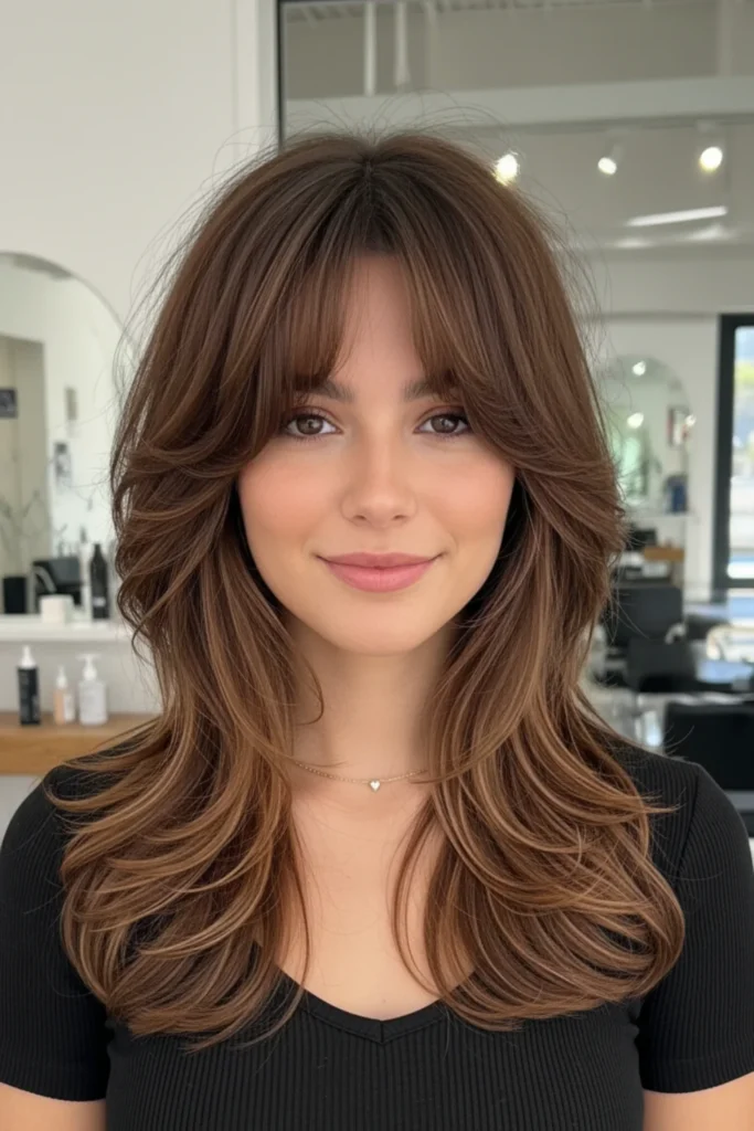 Layered shag with curtain bangs medium hairstyle for women