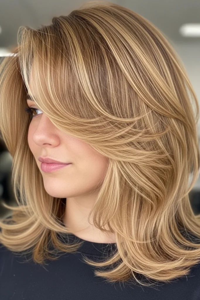 Soft feathered layers medium hairstyle for women