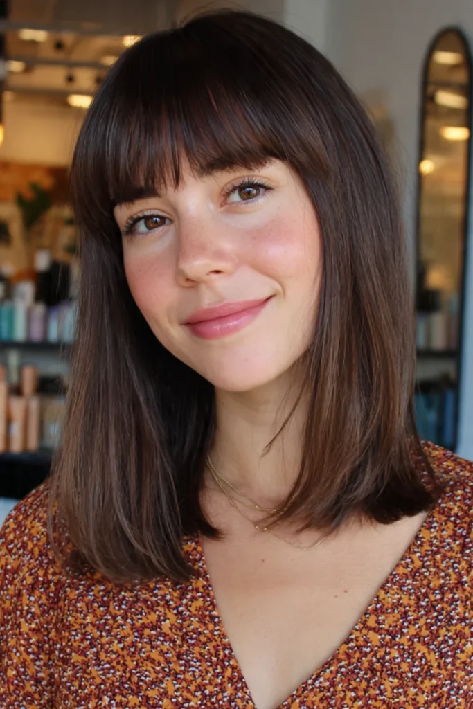 Straight across bangs with lob medium hairstyle for women