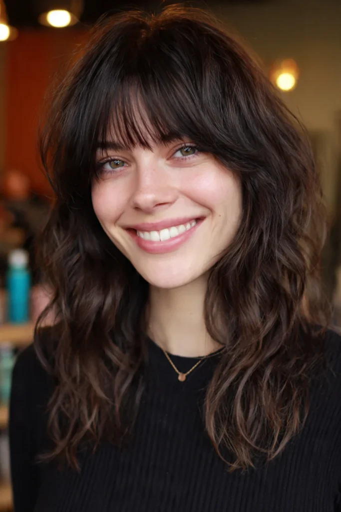 Wavy shag with fringe medium hairstyle for women