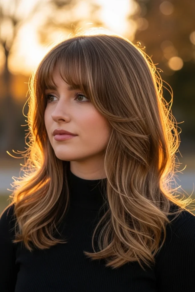 Wispy bangs with medium layers hairstyle for women