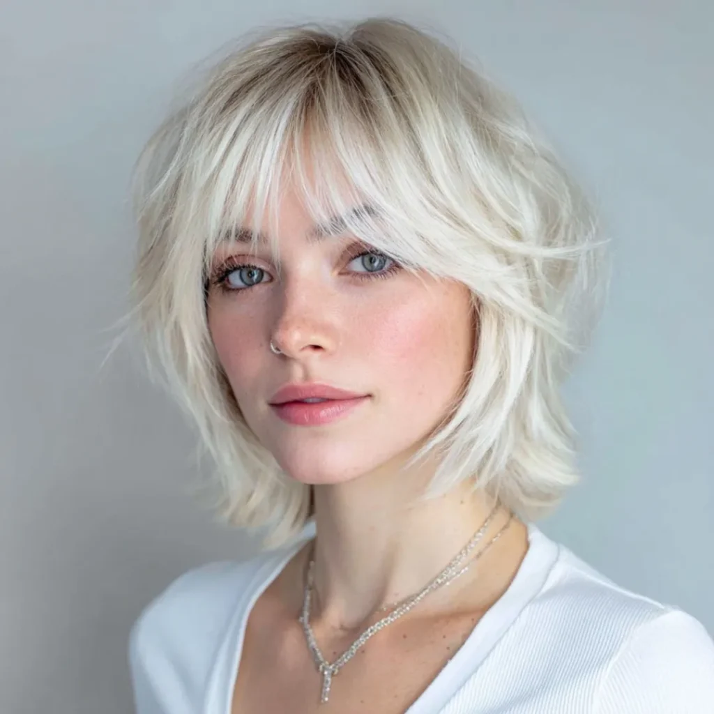 Shaggy bob hairstyle with curtain bangs for medium hair for women