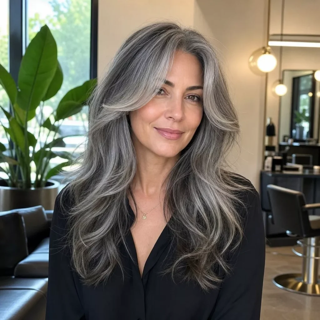 12 LONG GRAY HAIR WITH CURTAIN BANGS AND BALAYAGE