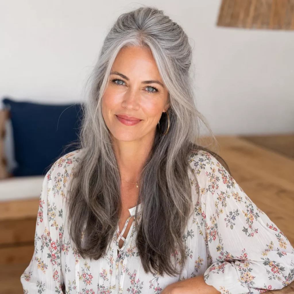 18 LONG GRAY HAIR WITH HALF UP STYLE