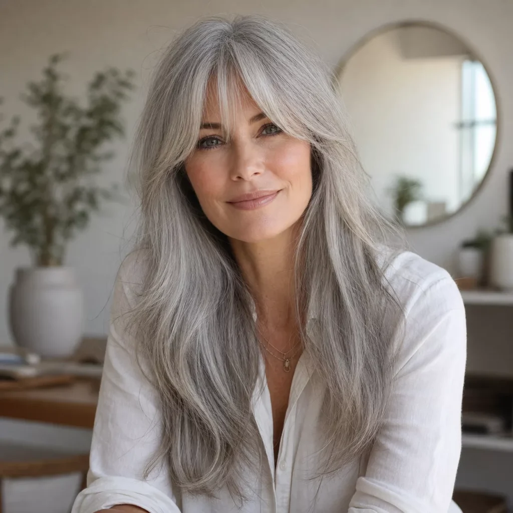 1 LONG SILVER GRAY WITH CURTAIN BANGS