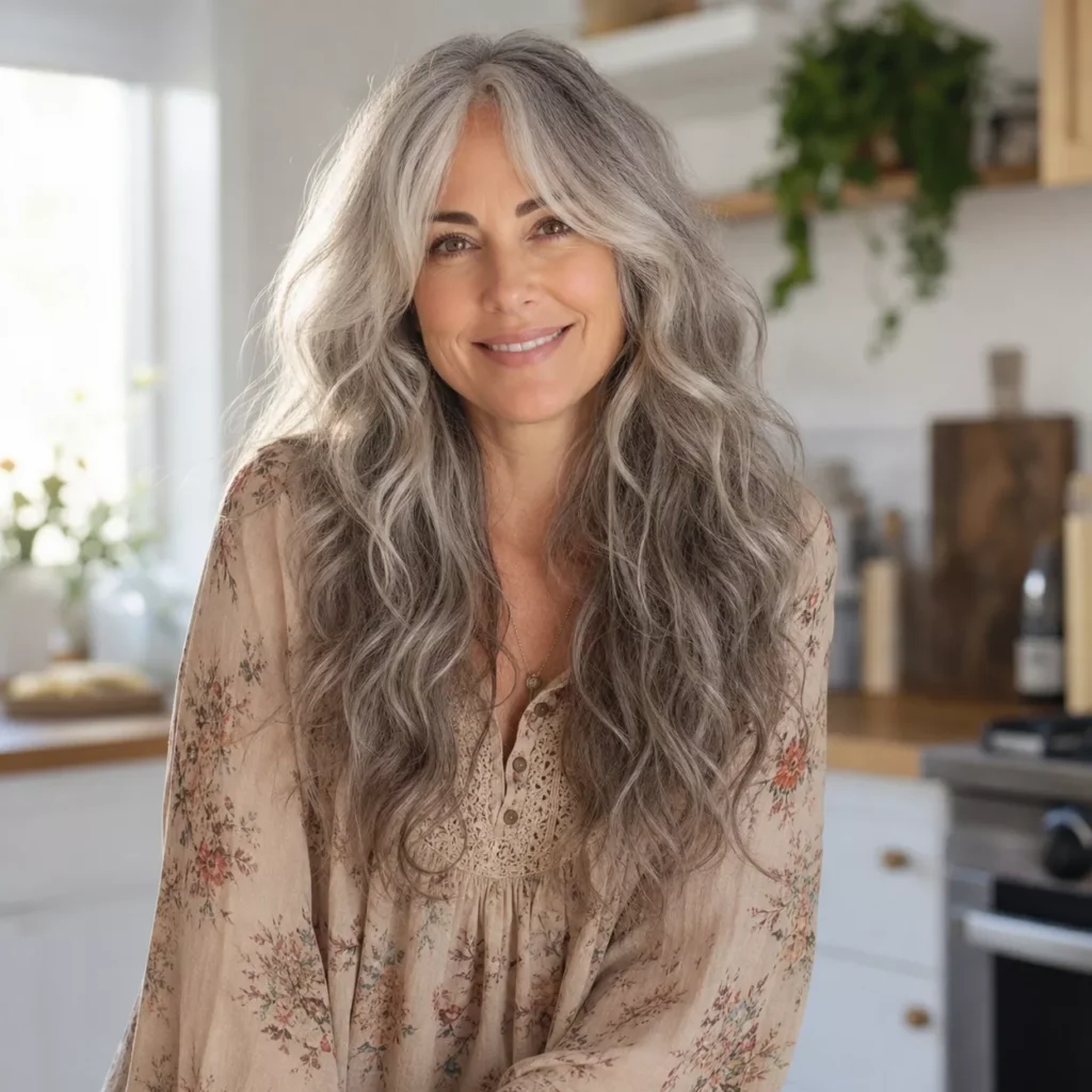 20 LONG WAVY GRAY HAIR WITH CURTAIN BANGS