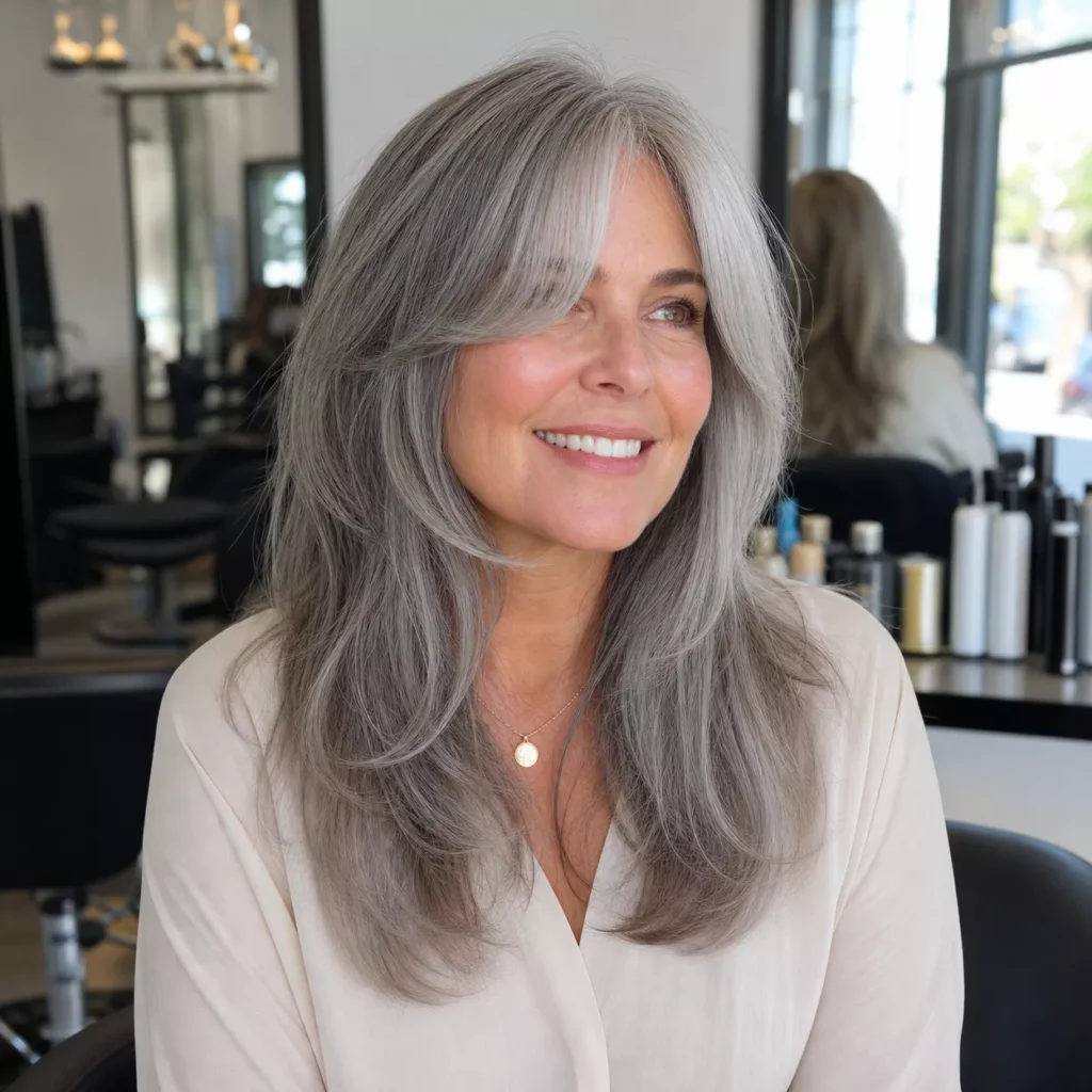 6 LONG GRAY HAIR WITH CURTAIN BANGS AND LAYERS