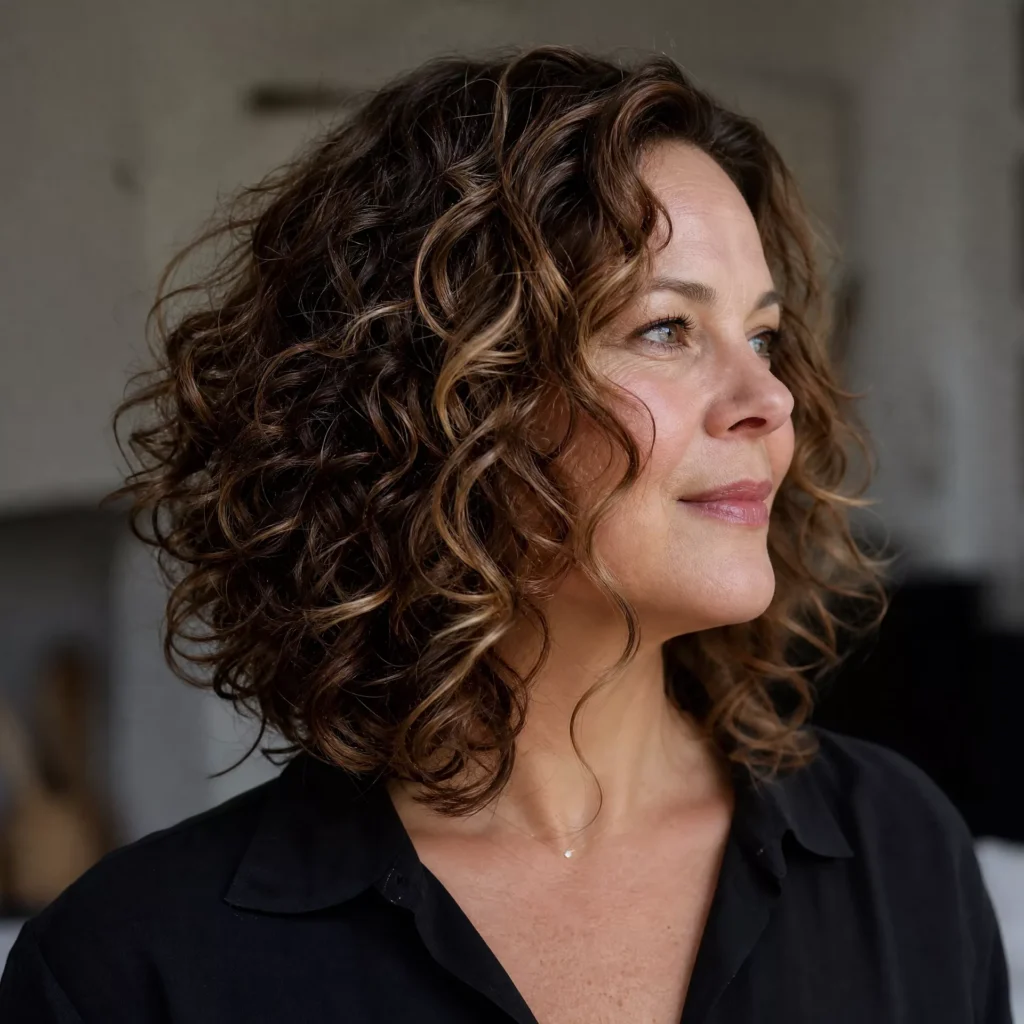 20 Curly Lob Hairstyles for Women Over 50 with Round Faces 10 Collarbone Curly Lob with Layers