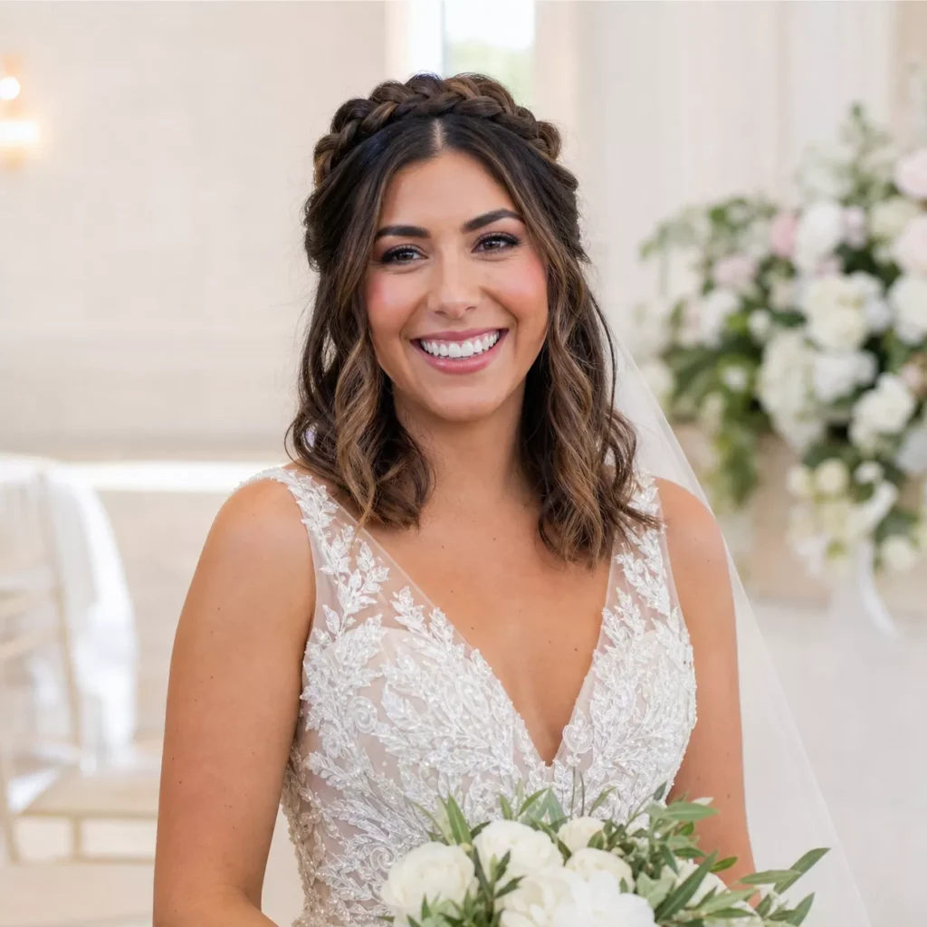 10 HALF UP WITH BRAIDED CROWN AND LOOSE WAVES
