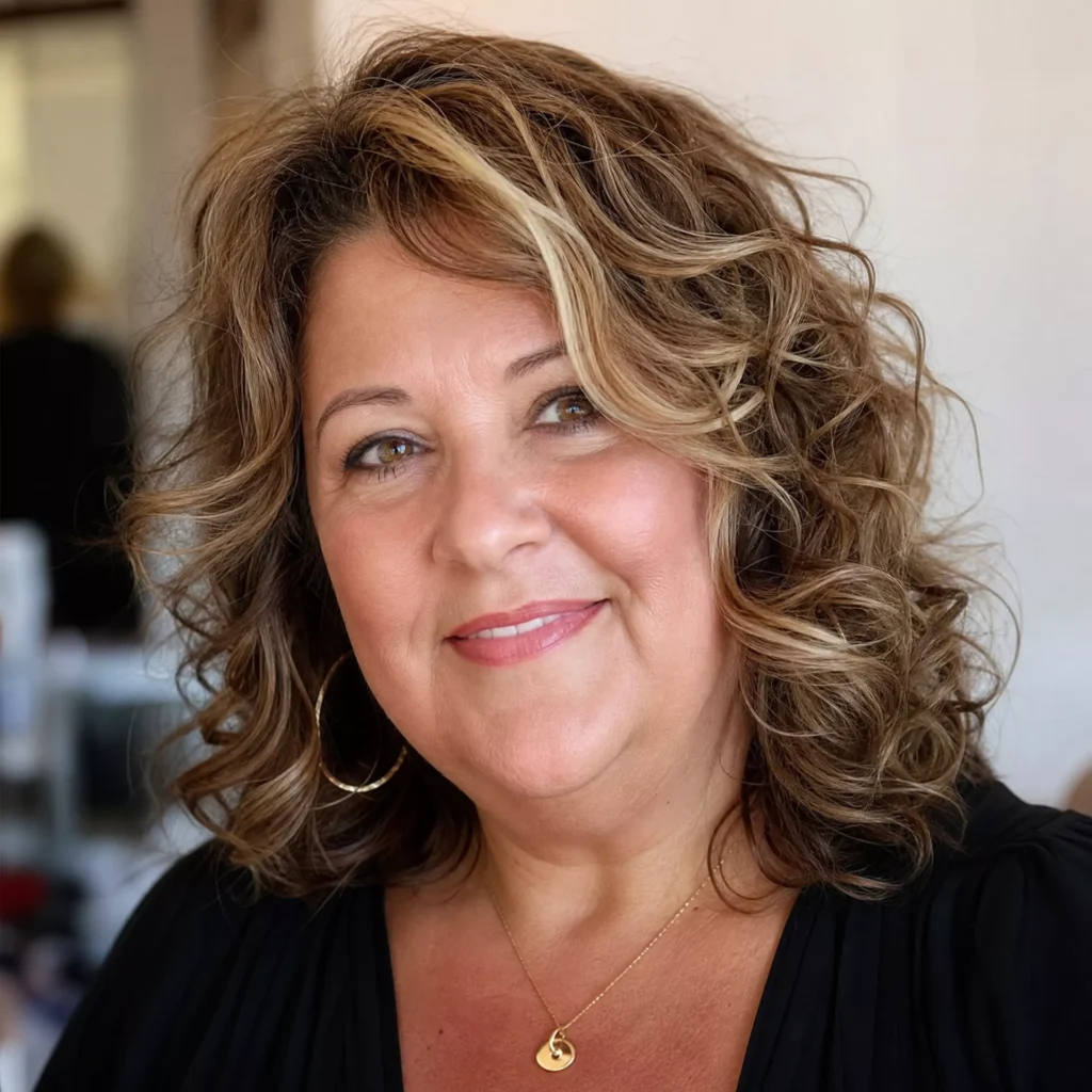 20 Curly Lob Hairstyles for Women Over 50 with Round Faces 11 Soft Curly Lob with Highlights