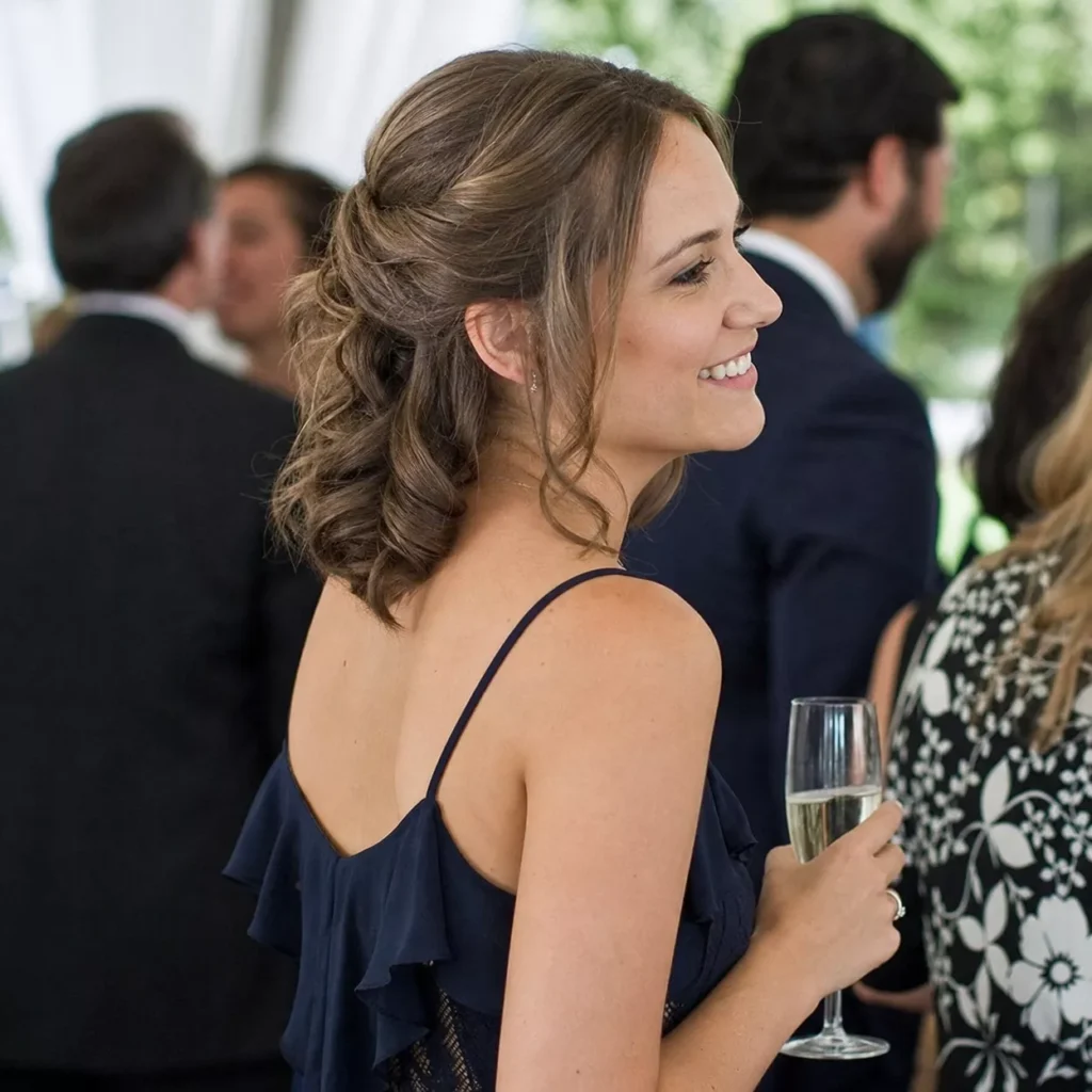 24 Wedding Guest Hairstyles for Shoulder Length Hair 12 CURLED HALF UP WITH BOBBY PIN TUCK