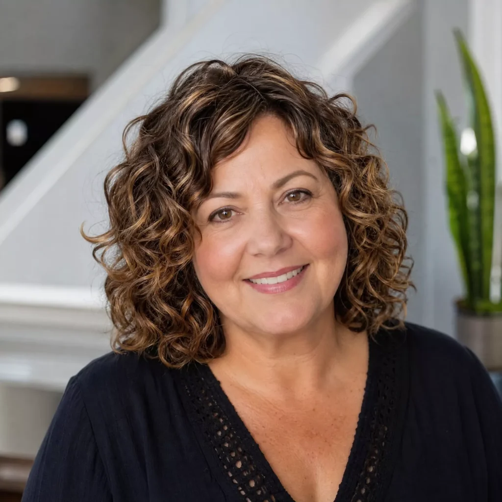 20 Curly Lob Hairstyles for Women Over 50 with Round Faces 14 Curly Lob and Caramel Highlights