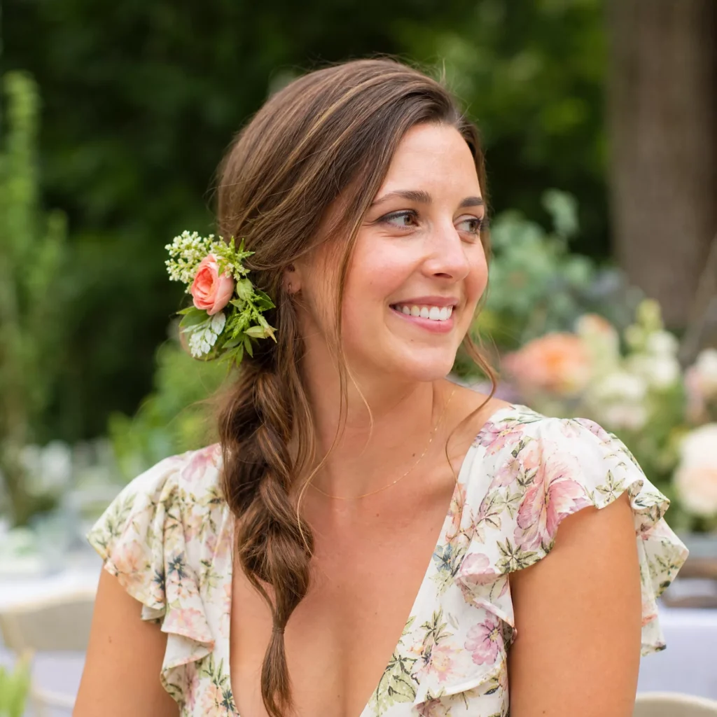 14 side braid with floral pin