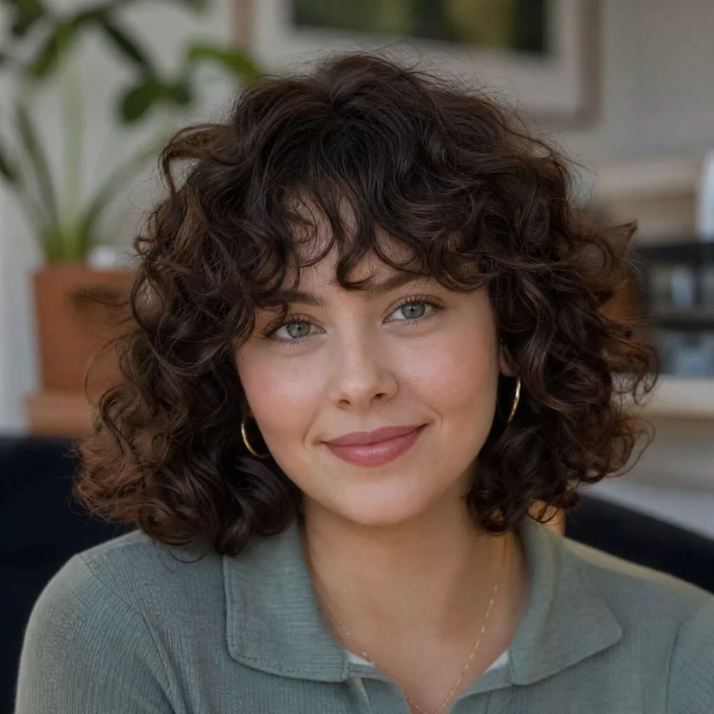 25 Curly Bob Hairstyles for Round Faces That Really Work 17 Curly Bob with Fringe