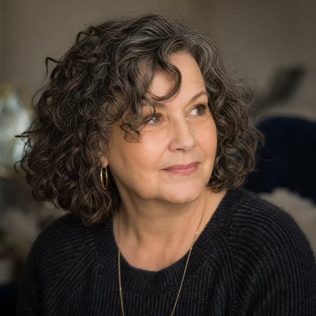 20 Curly Lob Hairstyles for Women Over 50 with Round Faces 17 Curly Lob and Wispy Face Framing