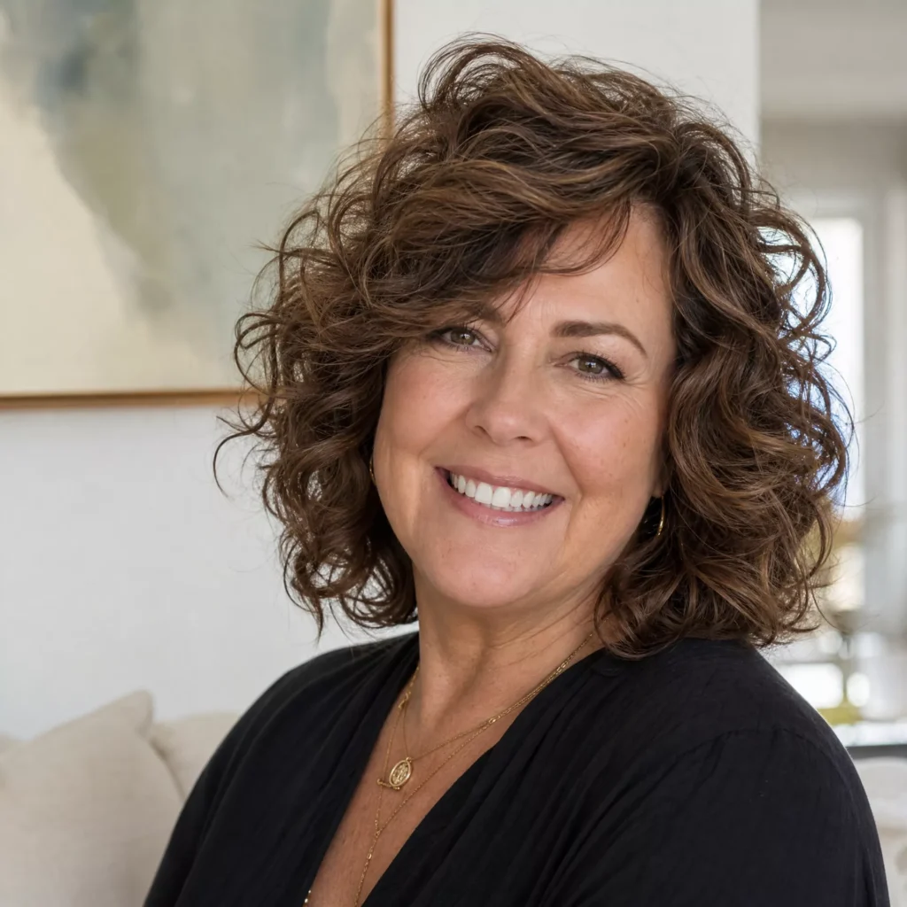20 Curly Lob Hairstyles for Women Over 50 with Round Faces 19 Diffused Curly Lob with Volume