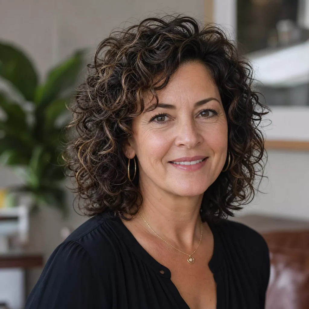 20 Curly Lob Hairstyles for Women Over 50 with Round Faces 1 Layered Curly Lob and Crown Height