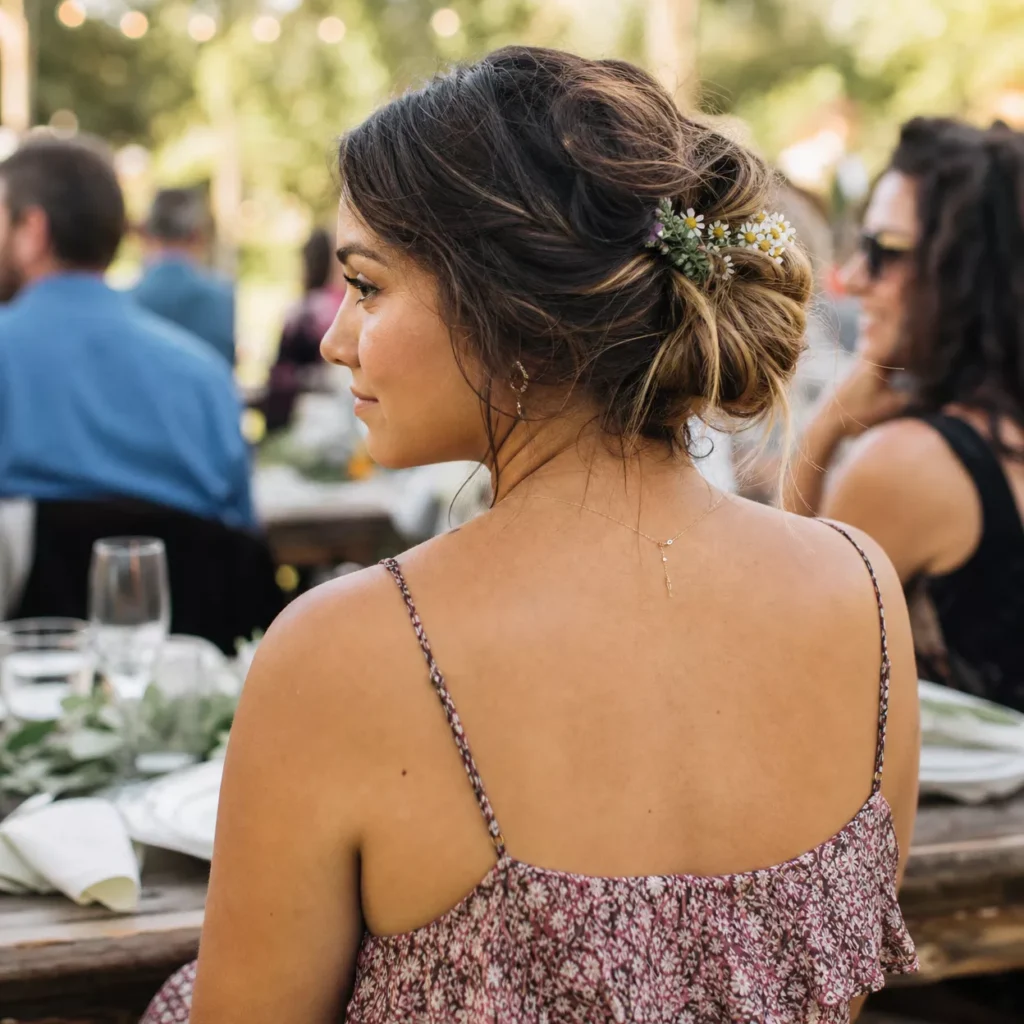 24 Wedding Guest Hairstyles for Shoulder Length Hair 20 BOHO MESSY BUN