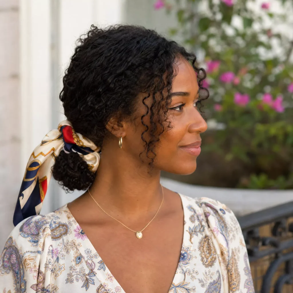 23 Low Curly Bun with Scarf