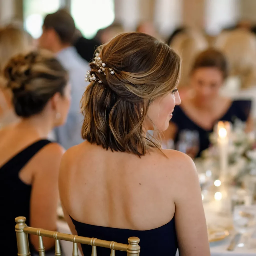 24 Wedding Guest Hairstyles for Shoulder Length Hair 24 HALF UP WITH PEARL OR CRYSTAL PINS