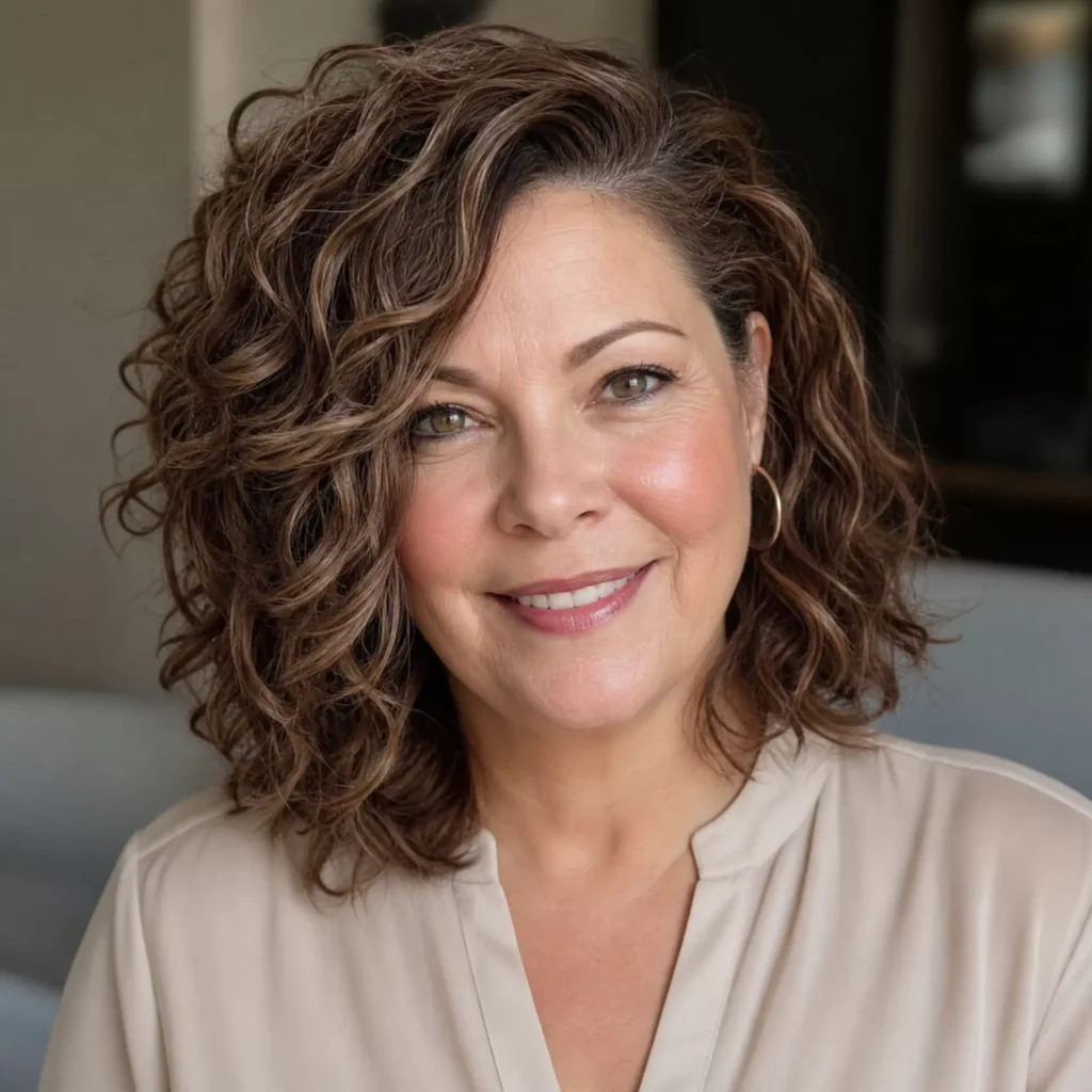 20 Curly Lob Hairstyles for Women Over 50 with Round Faces 2 Side Parted Curly Lob
