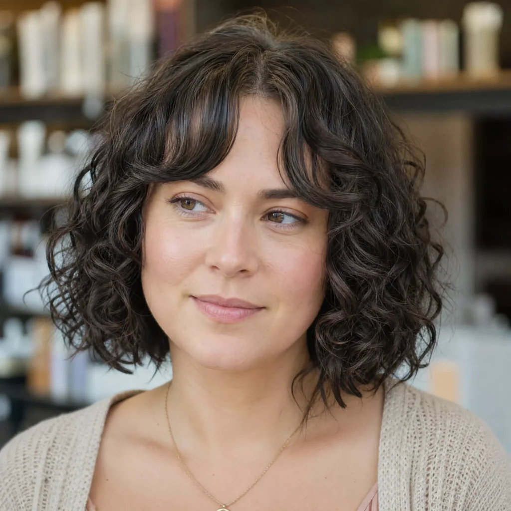 25 Curly Bob Hairstyles for Round Faces That Really Work 3 Curly Bob with Curtain Bangs