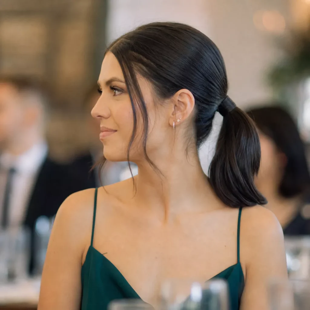 24 Wedding Guest Hairstyles for Shoulder Length Hair 4 SLEEK LOW PONYTAIL