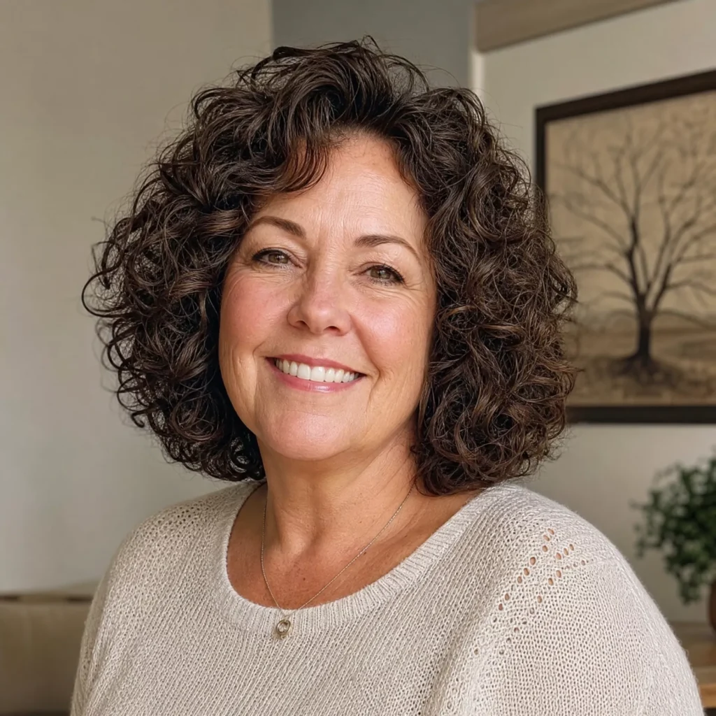 20 Curly Lob Hairstyles for Women Over 50 with Round Faces 5 Volume at Crown Curly Lob
