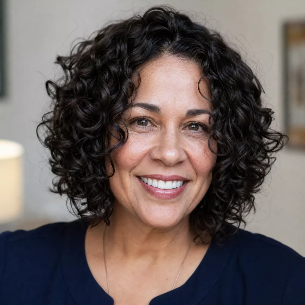 20 Curly Lob Hairstyles for Women Over 50 with Round Faces 6 Defined Curl Lob
