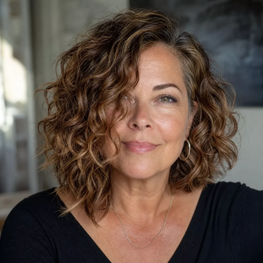 20 Curly Lob Hairstyles for Women Over 50 with Round Faces 7 Asymmetrical Curly Lob