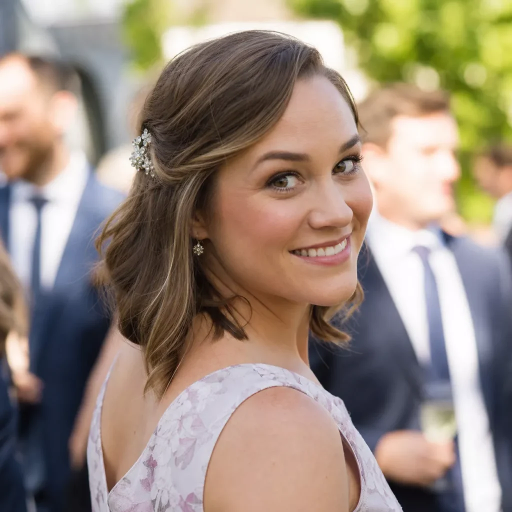 24 Wedding Guest Hairstyles for Shoulder Length Hair 7 PINNED BACK WAVES WITH FLORAL CLIP