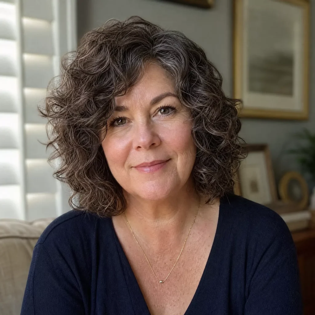 20 Curly Lob Hairstyles for Women Over 50 with Round Faces 8 Curly Lob with Low Sides