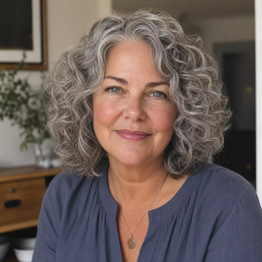 20 Curly Lob Hairstyles for Women Over 50 with Round Faces 9 Medium Curly Lob with Natural Gray